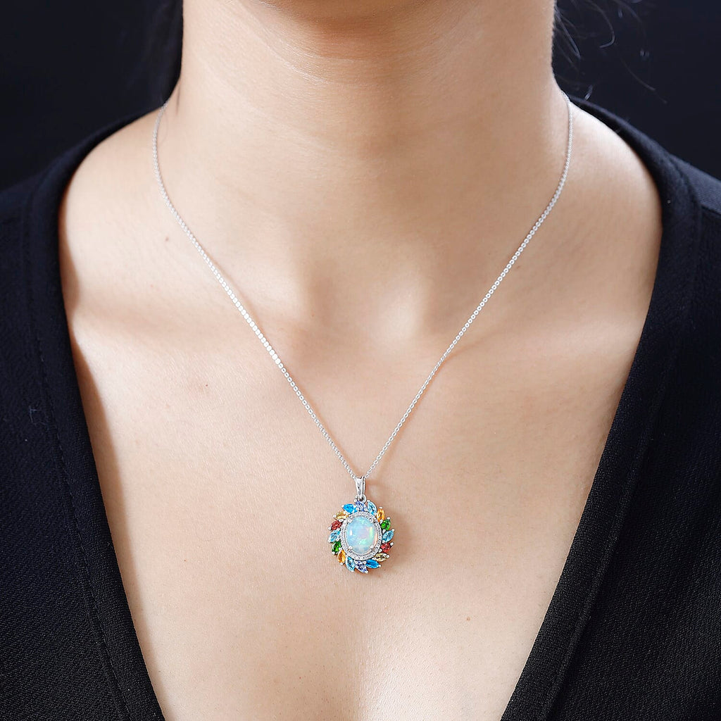 Ethiopian Welo Opal & Multigemstone Pendant with Chain (Size 20) in Platinum Overlay Sterling Silver 3.66 Ct.