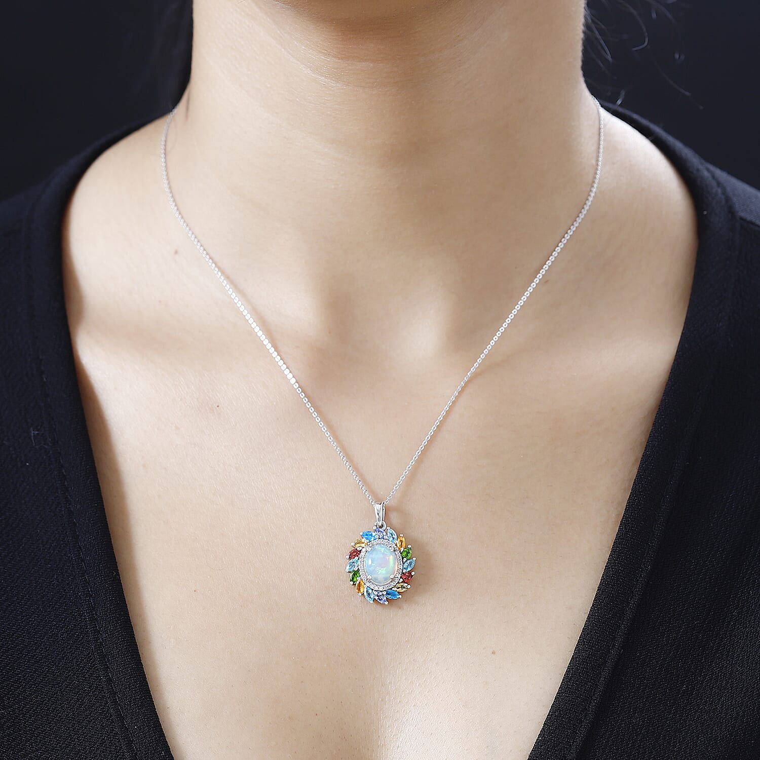 Ethiopian Welo opal and Multi gemstone Pendant with Chain (Size 20) in Platinum Overlay Sterling Silver 3.66 Ct. 4265685 2