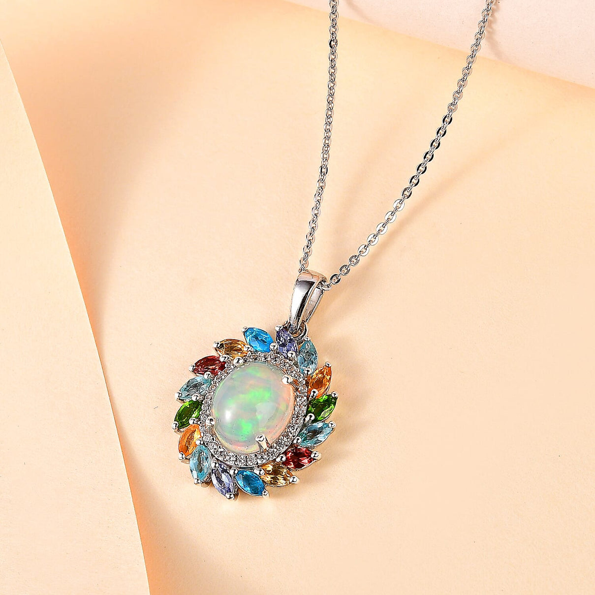 Ethiopian Welo opal and Multi gemstone Pendant with Chain (Size 20) in Platinum Overlay Sterling Silver 3.66 Ct. 4265685 3