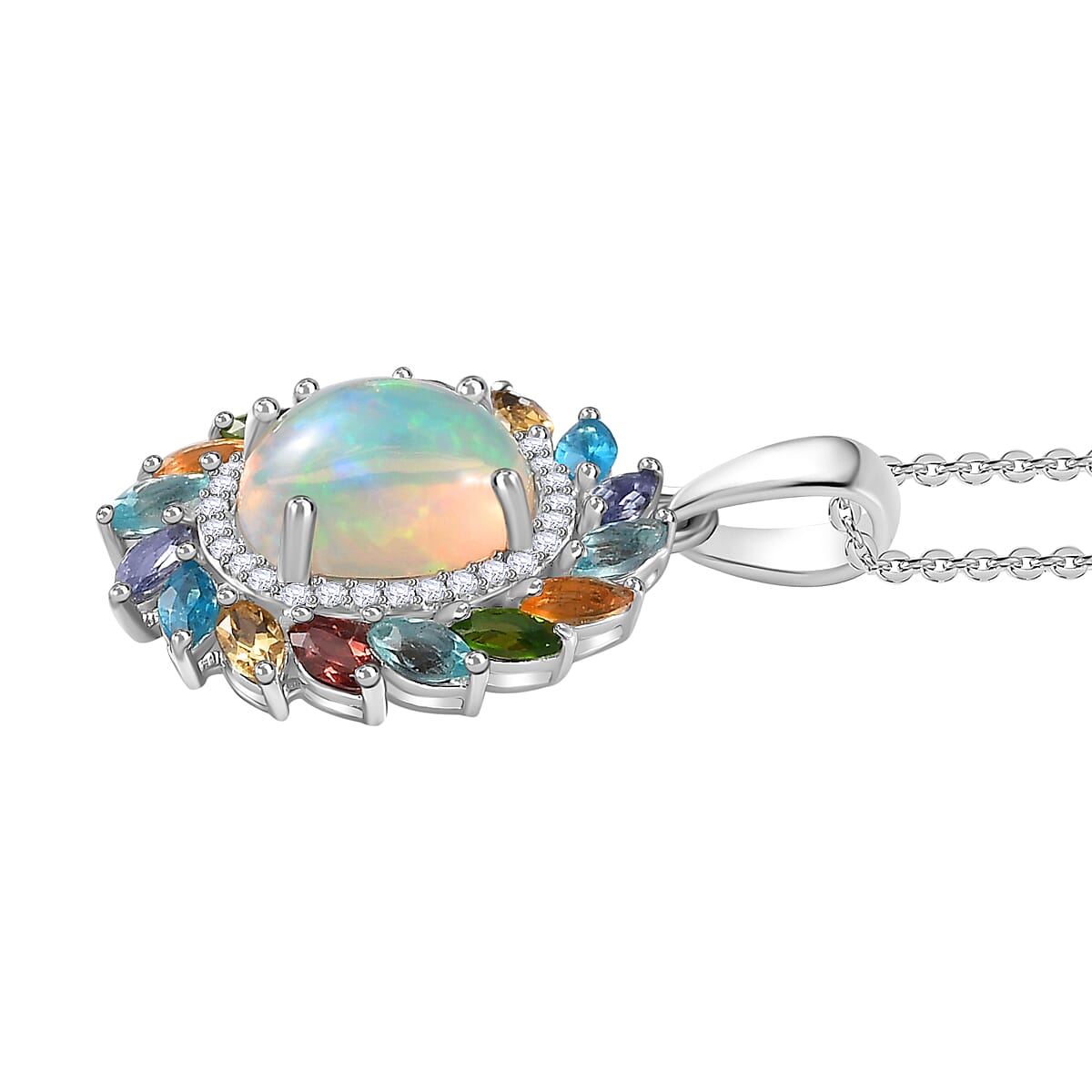 Ethiopian Welo opal and Multi gemstone Pendant with Chain (Size 20) in Platinum Overlay Sterling Silver 3.66 Ct. 4265685 4