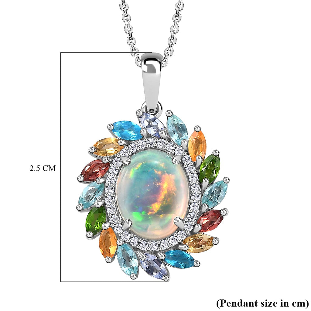 Ethiopian Welo Opal & Multigemstone Pendant with Chain (Size 20) in Platinum Overlay Sterling Silver 3.66 Ct.