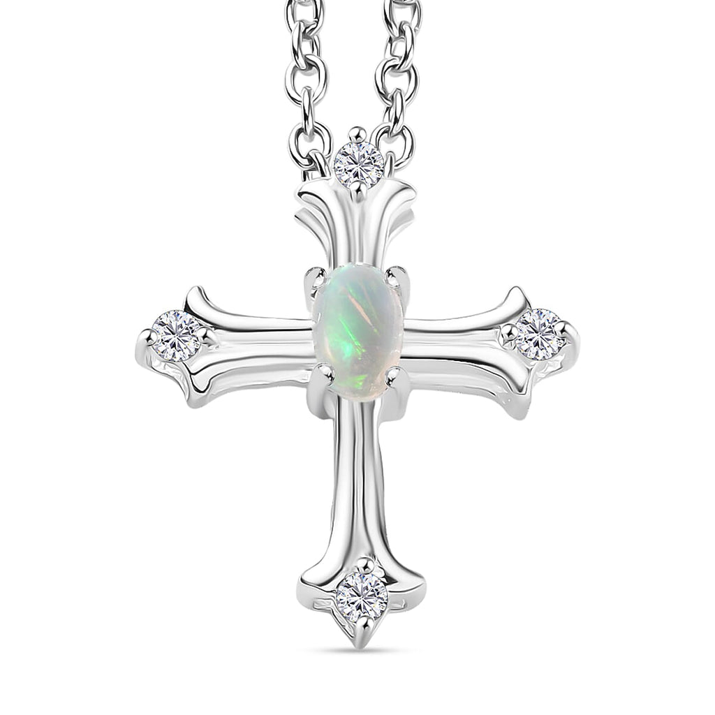 Ethiopian Opal & White Zircon Cross Pendant with Chain (Size 20) in Sterling Silver