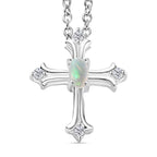 Ethiopian Opal & White Zircon Cross Pendant with Chain (Size 20) in Sterling Silver