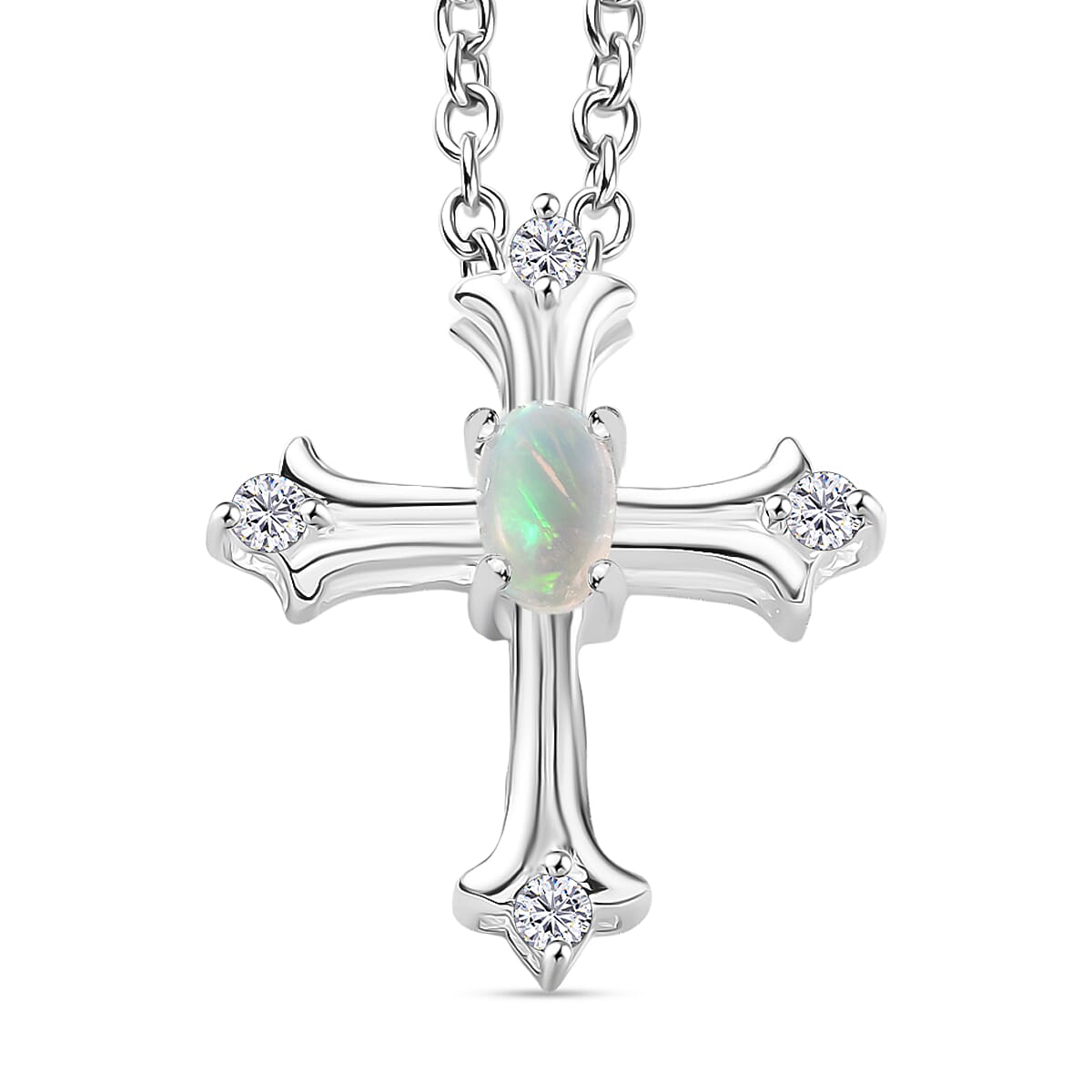 Ethiopian Opal &amp; White Zircon Cross Pendant with Chain (Size 20) in Sterling Silver 4373655 0