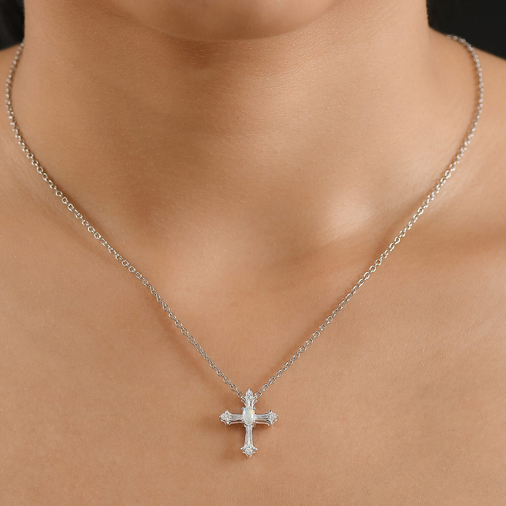 Ethiopian Opal & White Zircon Cross Pendant with Chain (Size 20) in Sterling Silver