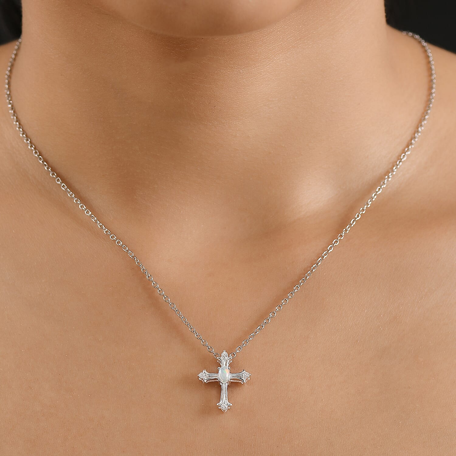 Ethiopian Opal &amp; White Zircon Cross Pendant with Chain (Size 20) in Sterling Silver 4373655 2
