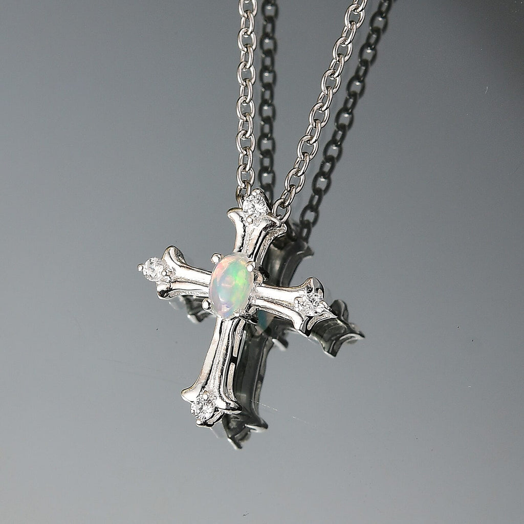 Ethiopian Opal & White Zircon Cross Pendant with Chain (Size 20) in Sterling Silver