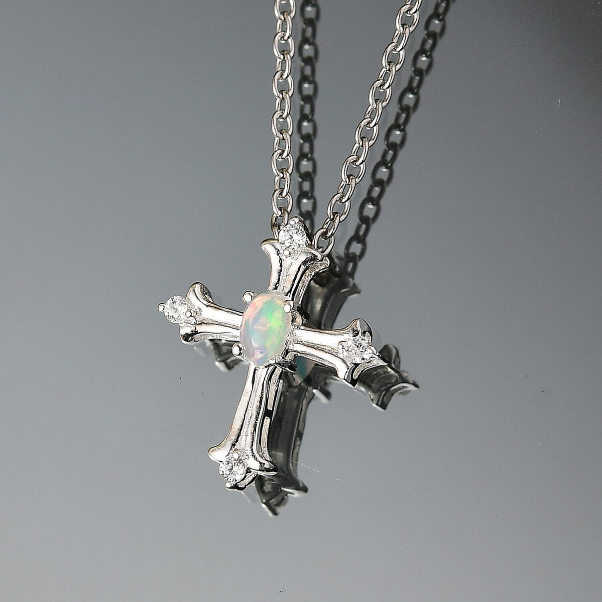 Ethiopian Opal &amp; White Zircon Cross Pendant with Chain (Size 20) in Sterling Silver 4373655 3