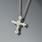 Ethiopian Opal & White Zircon Cross Pendant with Chain (Size 20) in Sterling Silver