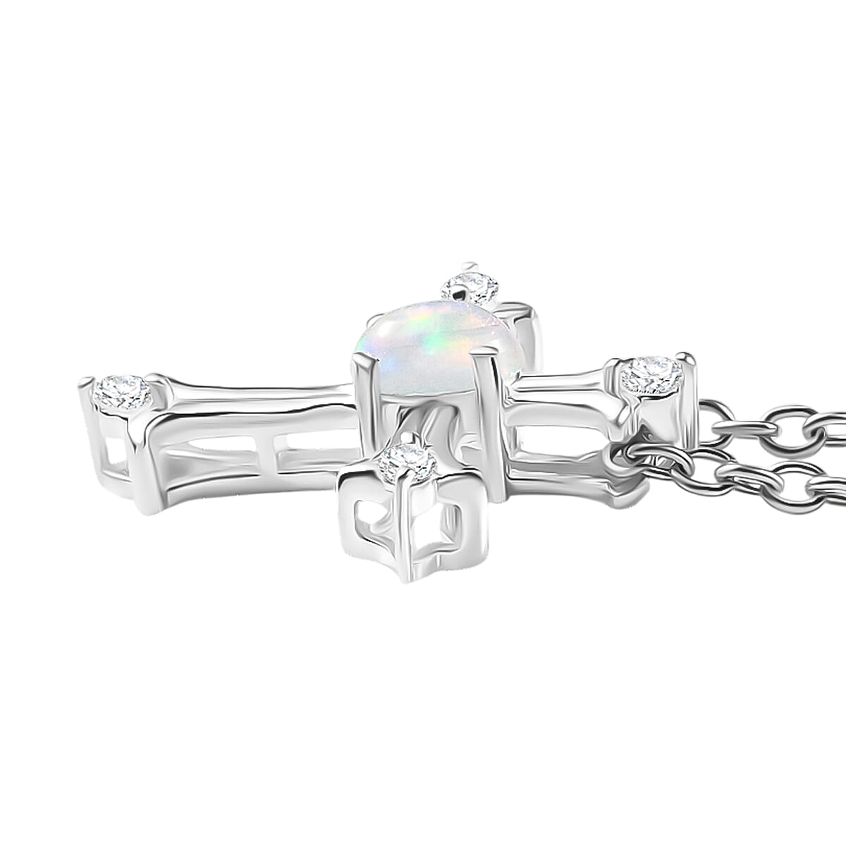 Ethiopian Opal &amp; White Zircon Cross Pendant with Chain (Size 20) in Sterling Silver 4373655 4