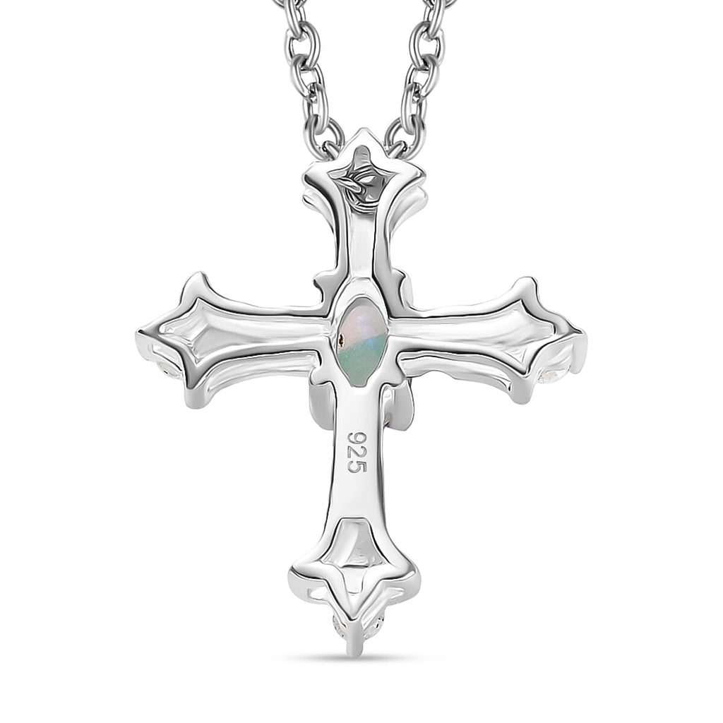 Ethiopian Opal & White Zircon Cross Pendant with Chain (Size 20) in Sterling Silver