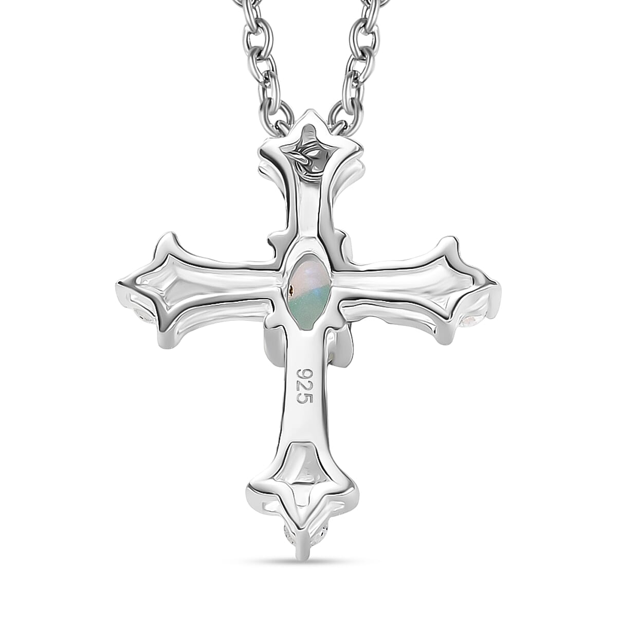 Ethiopian Opal &amp; White Zircon Cross Pendant with Chain (Size 20) in Sterling Silver 4373655 5