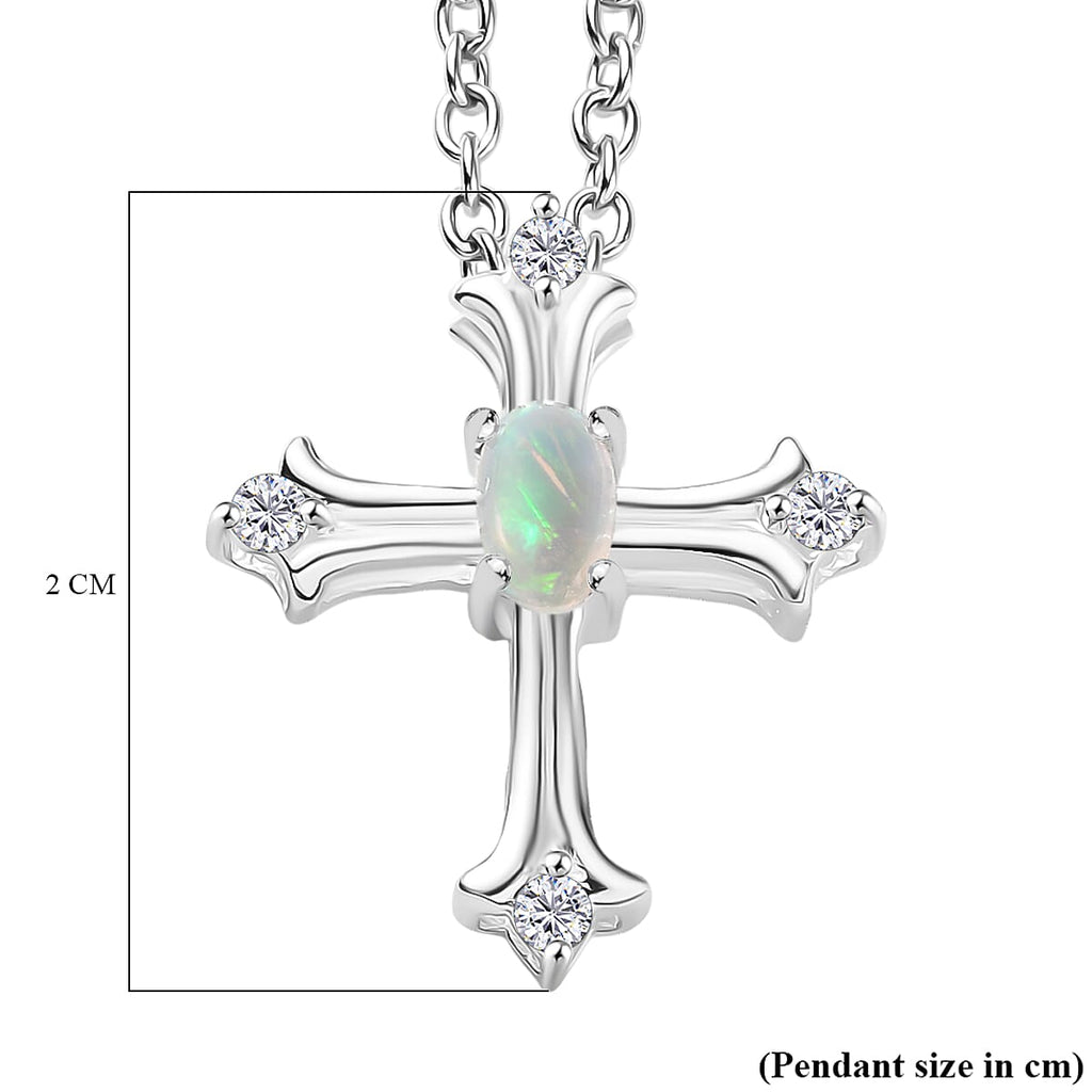 Ethiopian Opal & White Zircon Cross Pendant with Chain (Size 20) in Sterling Silver