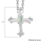 Ethiopian Opal & White Zircon Cross Pendant with Chain (Size 20) in Sterling Silver