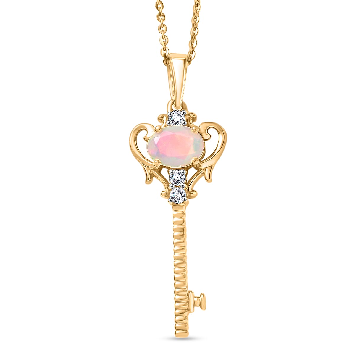 Faceted Ethiopian Opal, White Zircon Key Pendant with Chain (Size 20) in Sterling Silver. 4451127 0