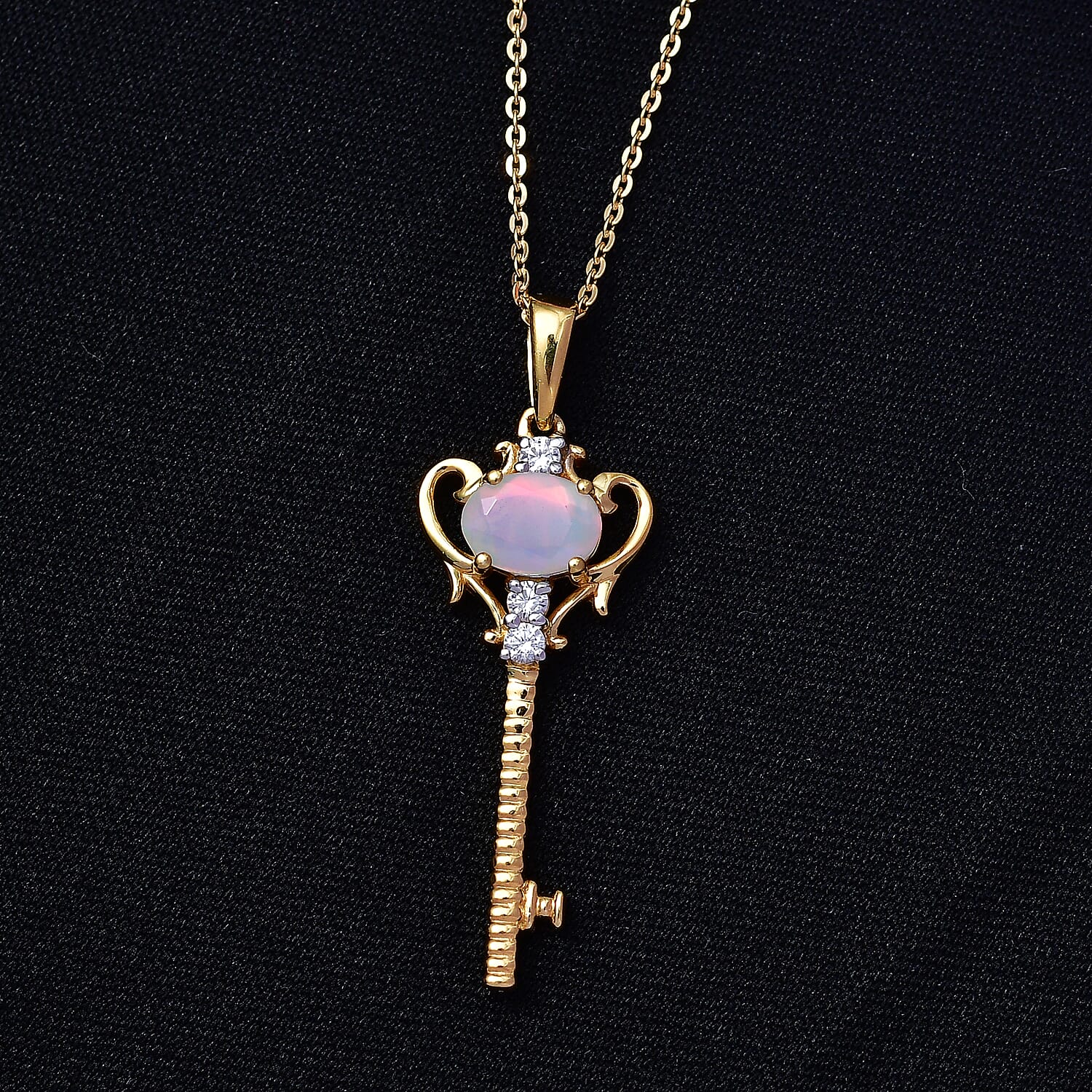 Faceted Ethiopian Opal, White Zircon Key Pendant with Chain (Size 20) in Sterling Silver. 4451127 2
