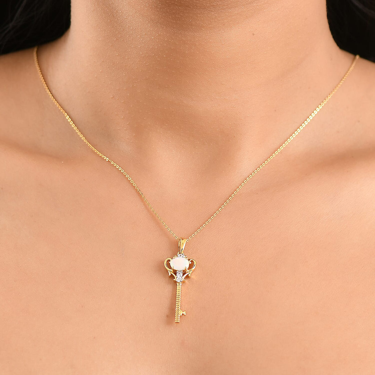 Faceted Ethiopian Opal, White Zircon Key Pendant with Chain (Size 20) in Sterling Silver. 4451127 3