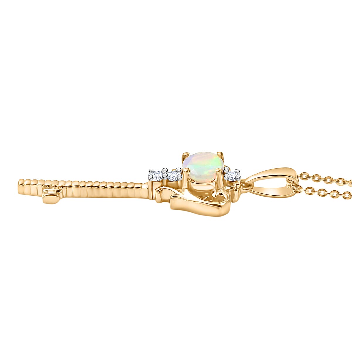 Faceted Ethiopian Opal, White Zircon Key Pendant with Chain (Size 20) in Sterling Silver. 4451127 4