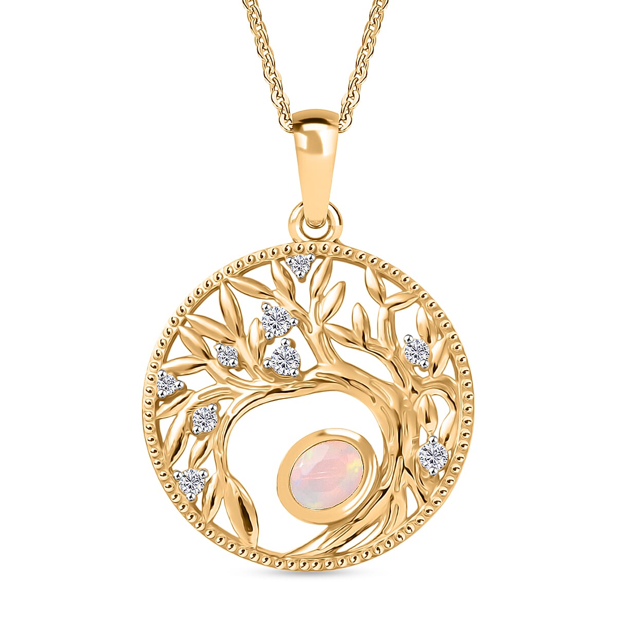 D'Joy Faceted Ethiopian Opal, White Zircon Tree of Life Pendant with Chain (Size 20) in Yellow Gold Plated Sterling Silver. 4451640 0