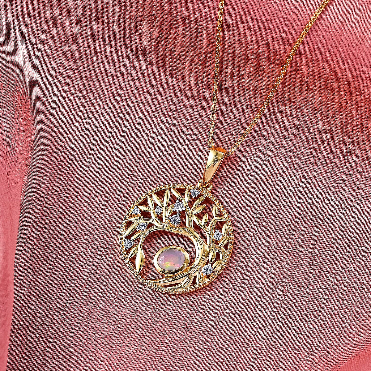 D'Joy Faceted Ethiopian Opal, White Zircon Tree of Life Pendant with Chain (Size 20) in Yellow Gold Plated Sterling Silver. 4451640 2