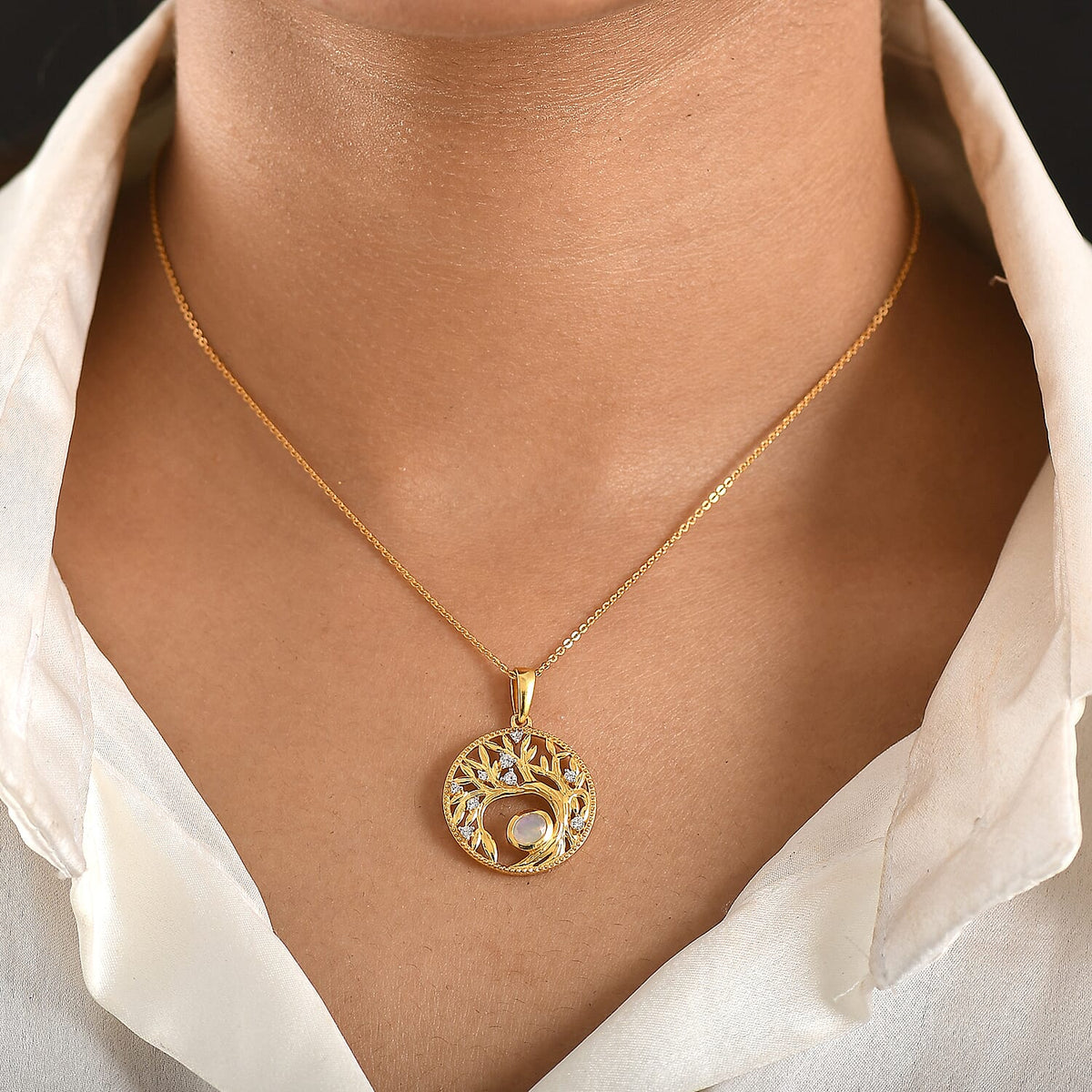 D'Joy Faceted Ethiopian Opal, White Zircon Tree of Life Pendant with Chain (Size 20) in Yellow Gold Plated Sterling Silver. 4451640 3