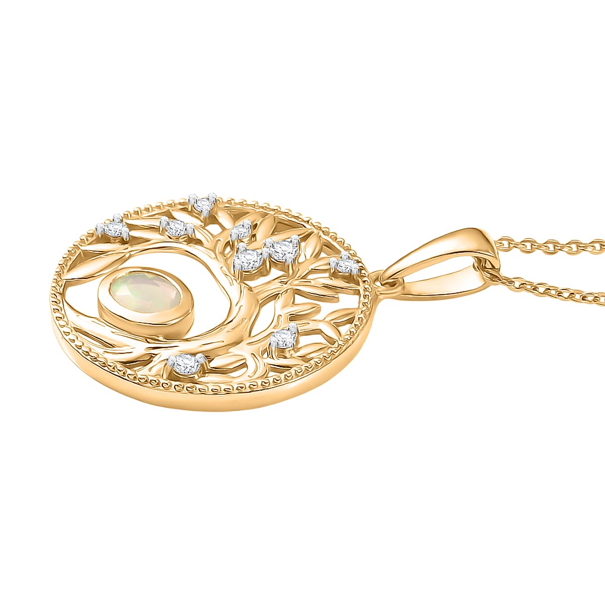 D'Joy Faceted Ethiopian Opal, White Zircon Tree of Life Pendant with Chain (Size 20) in Yellow Gold Plated Sterling Silver. 4451640 4