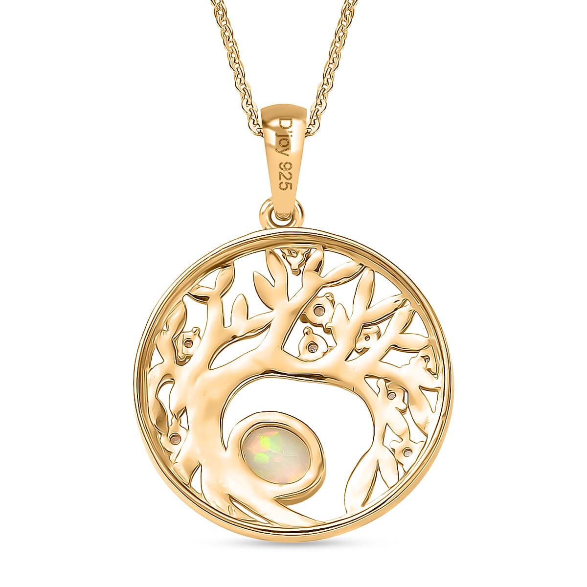 D'Joy Faceted Ethiopian Opal, White Zircon Tree of Life Pendant with Chain (Size 20) in Yellow Gold Plated Sterling Silver. 4451640 5