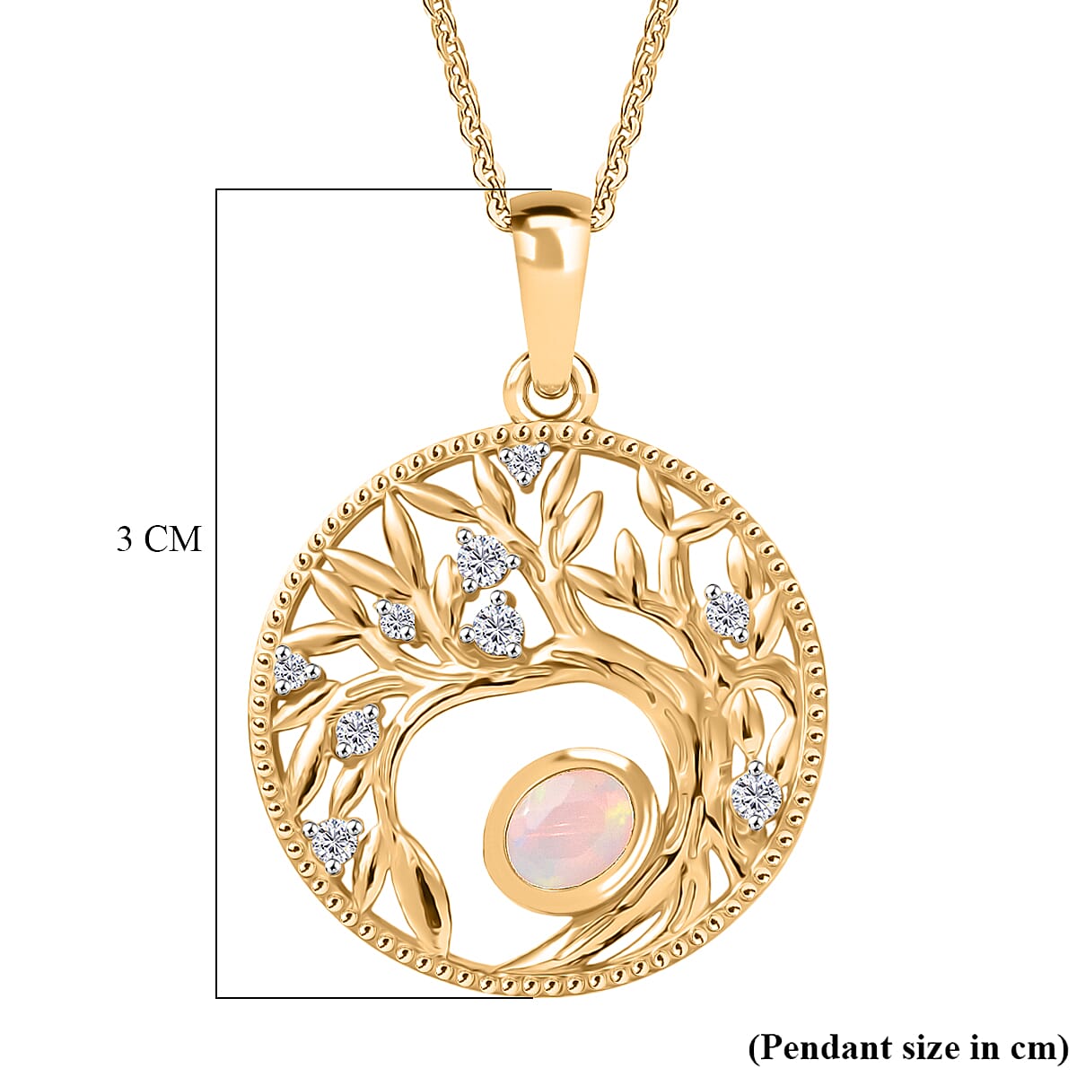 D'Joy Faceted Ethiopian Opal, White Zircon Tree of Life Pendant with Chain (Size 20) in Yellow Gold Plated Sterling Silver. 4451640 7