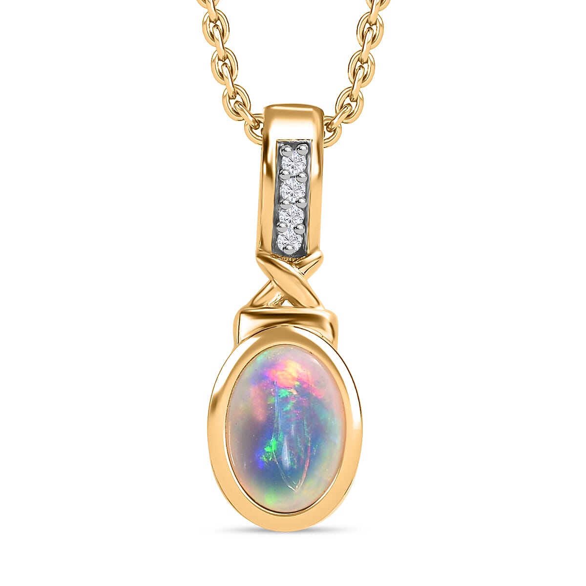 Ethiopian Opal,  White Zircon Pendant with Chain (Size 20) in 14K Gold Overlay Sterling Silver 4287805 0
