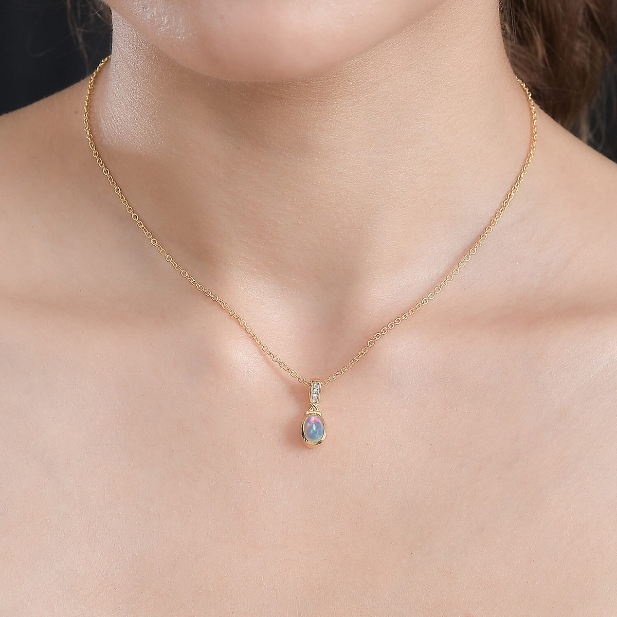 Ethiopian Opal,  White Zircon Pendant with Chain (Size 20) in 14K Gold Overlay Sterling Silver 4287805 2