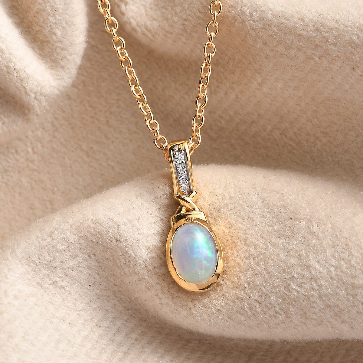 Ethiopian Opal,  White Zircon Pendant with Chain (Size 20) in 14K Gold Overlay Sterling Silver 4287805 3