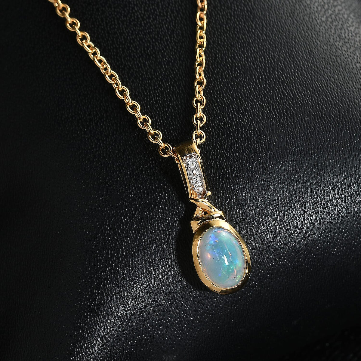 Ethiopian Opal,  White Zircon Pendant with Chain (Size 20) in 14K Gold Overlay Sterling Silver 4287805 4
