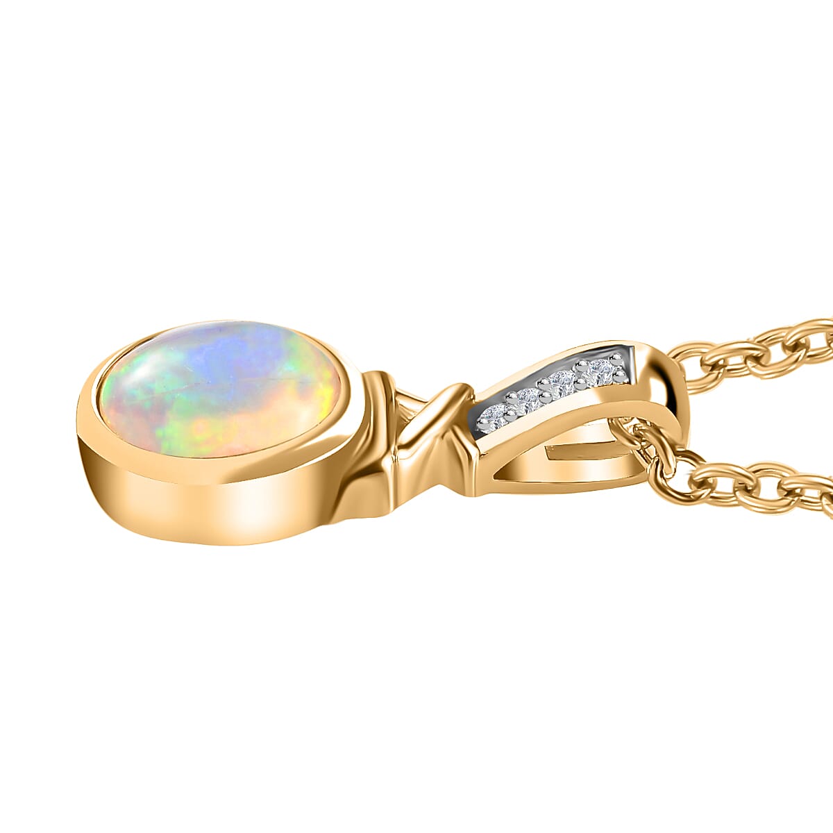 Ethiopian Opal,  White Zircon Pendant with Chain (Size 20) in 14K Gold Overlay Sterling Silver 4287805 5