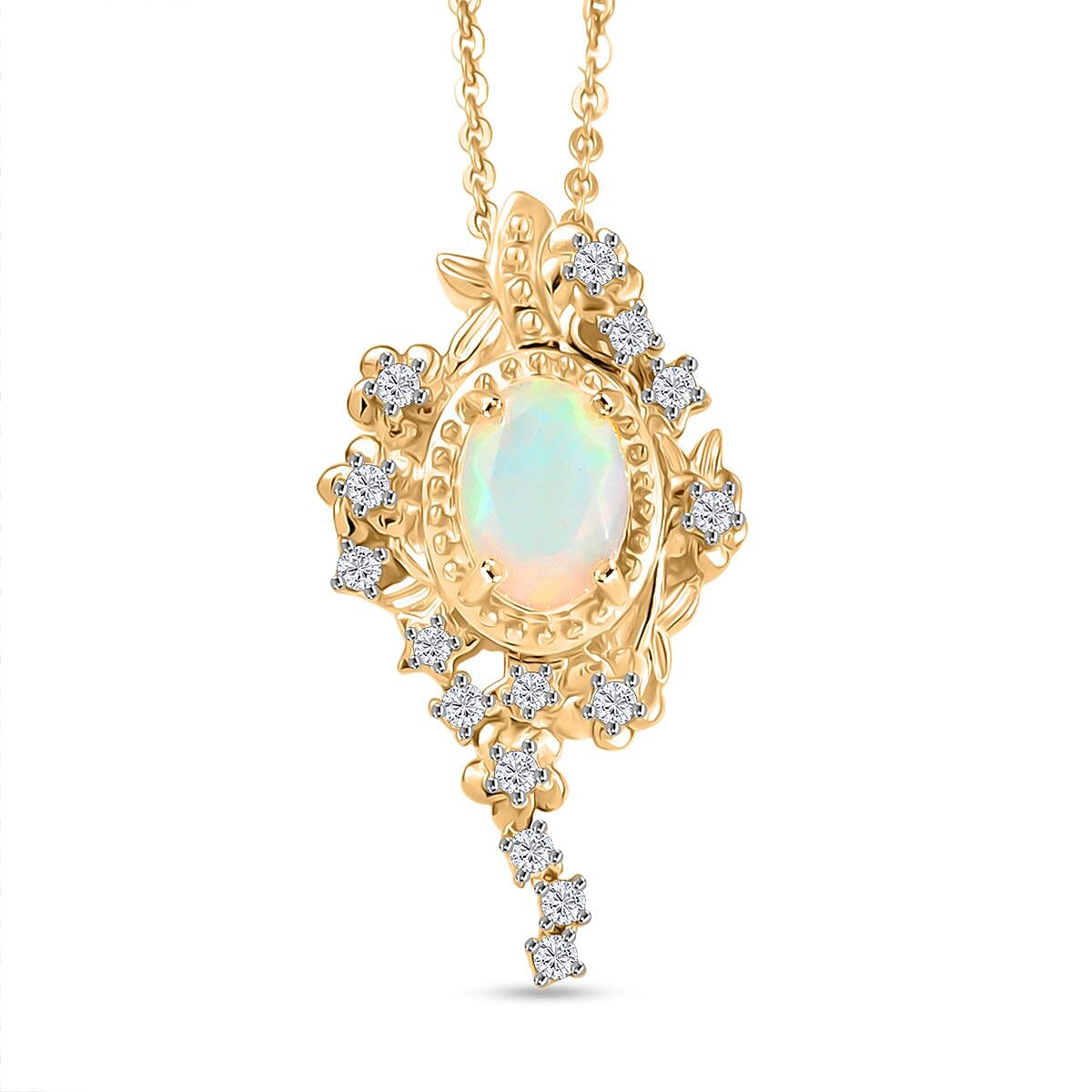 Djoy Ethiopian Opal &amp; White Zircon Garden of Starlight Pendant with Chain (Size 20) in 18K Yellow Gold Plating Sterling Silver, Silver Wt. 6.62 Gms. 4403828 0