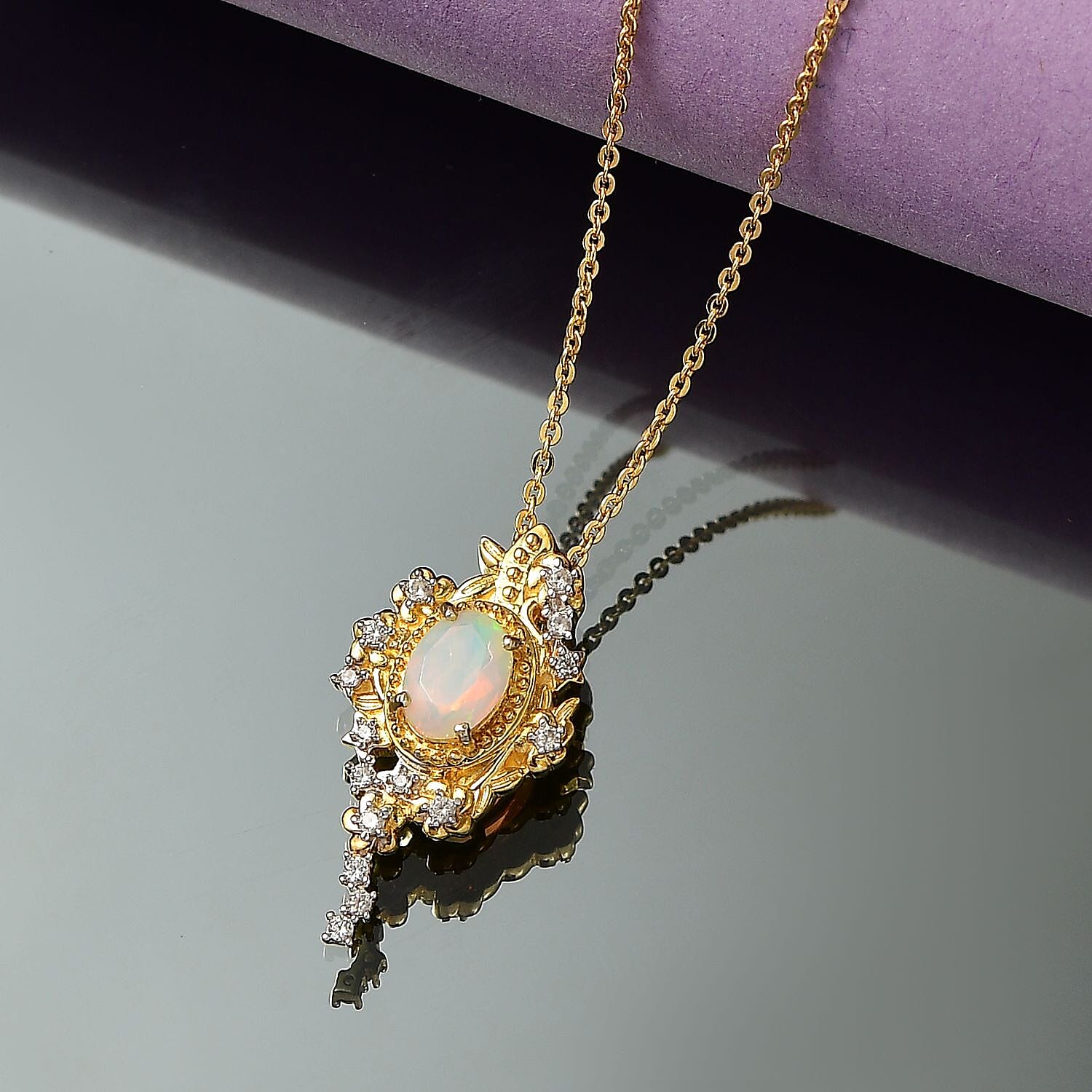 Djoy Ethiopian Opal &amp; White Zircon Garden of Starlight Pendant with Chain (Size 20) in 18K Yellow Gold Plating Sterling Silver, Silver Wt. 6.62 Gms. 4403828 2