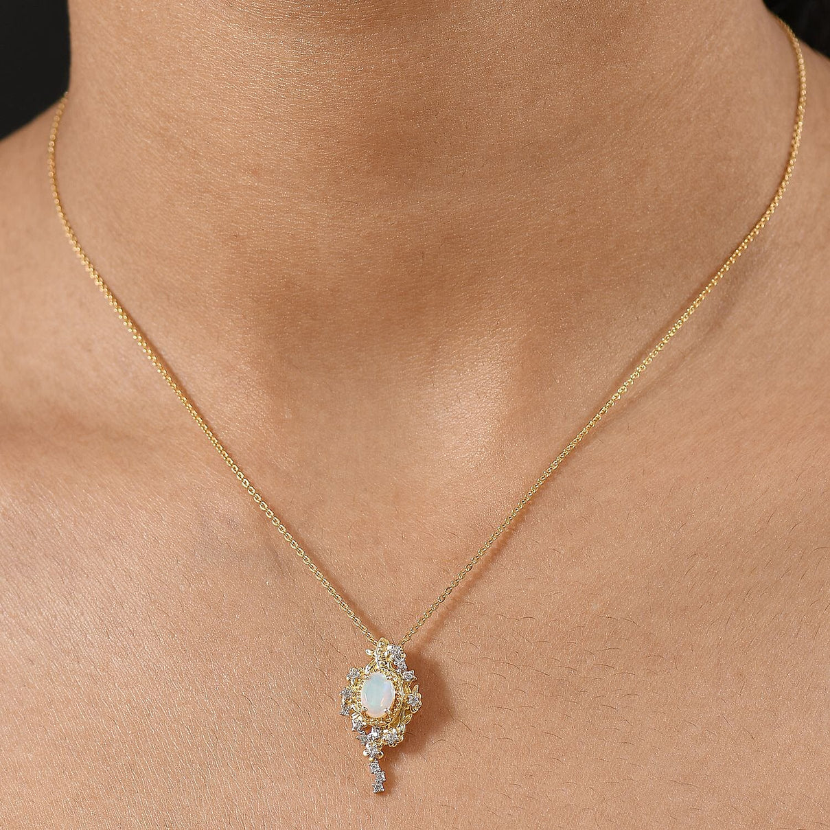 Djoy Ethiopian Opal &amp; White Zircon Garden of Starlight Pendant with Chain (Size 20) in 18K Yellow Gold Plating Sterling Silver, Silver Wt. 6.62 Gms. 4403828 3