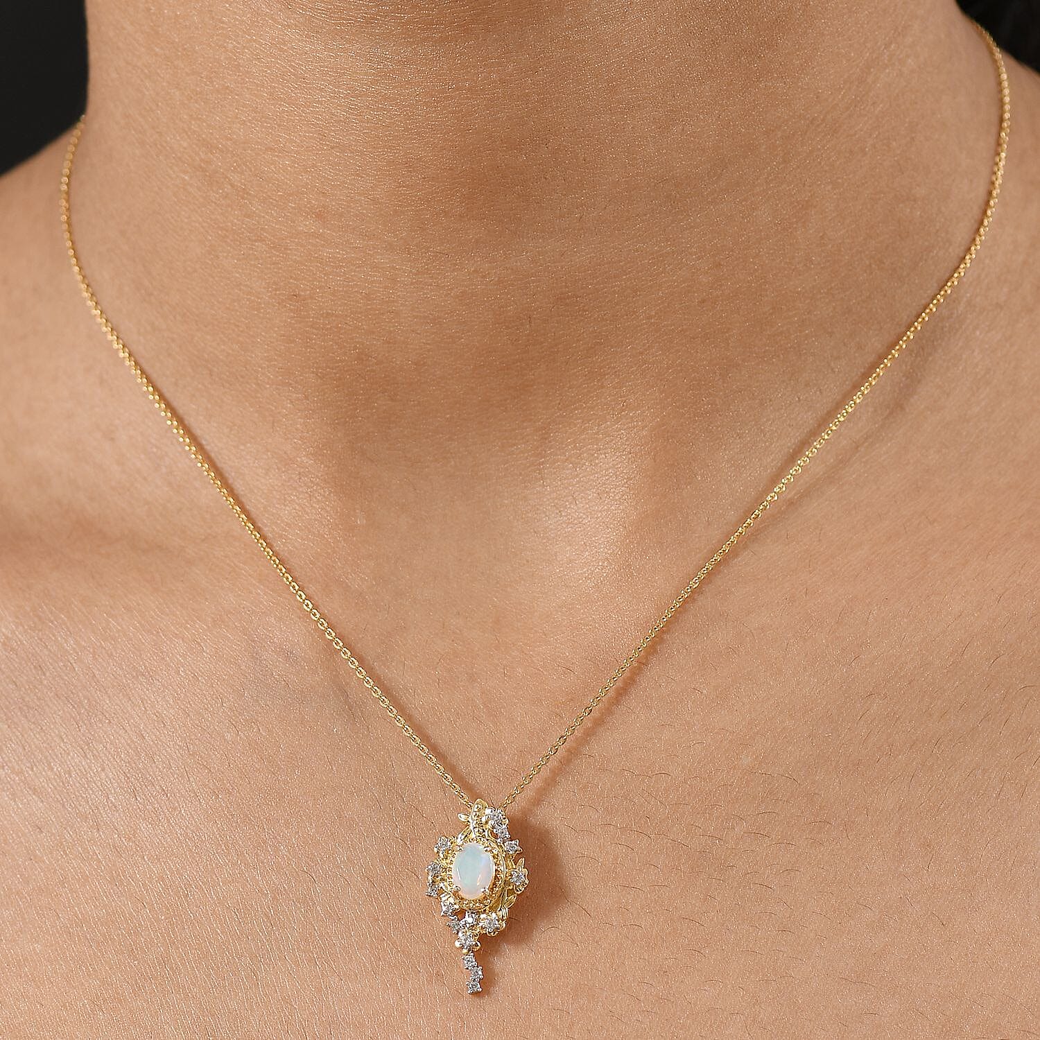 Djoy Ethiopian Opal &amp; White Zircon Garden of Starlight Pendant with Chain (Size 20) in 18K Yellow Gold Plating Sterling Silver, Silver Wt. 6.62 Gms. 4403828 3