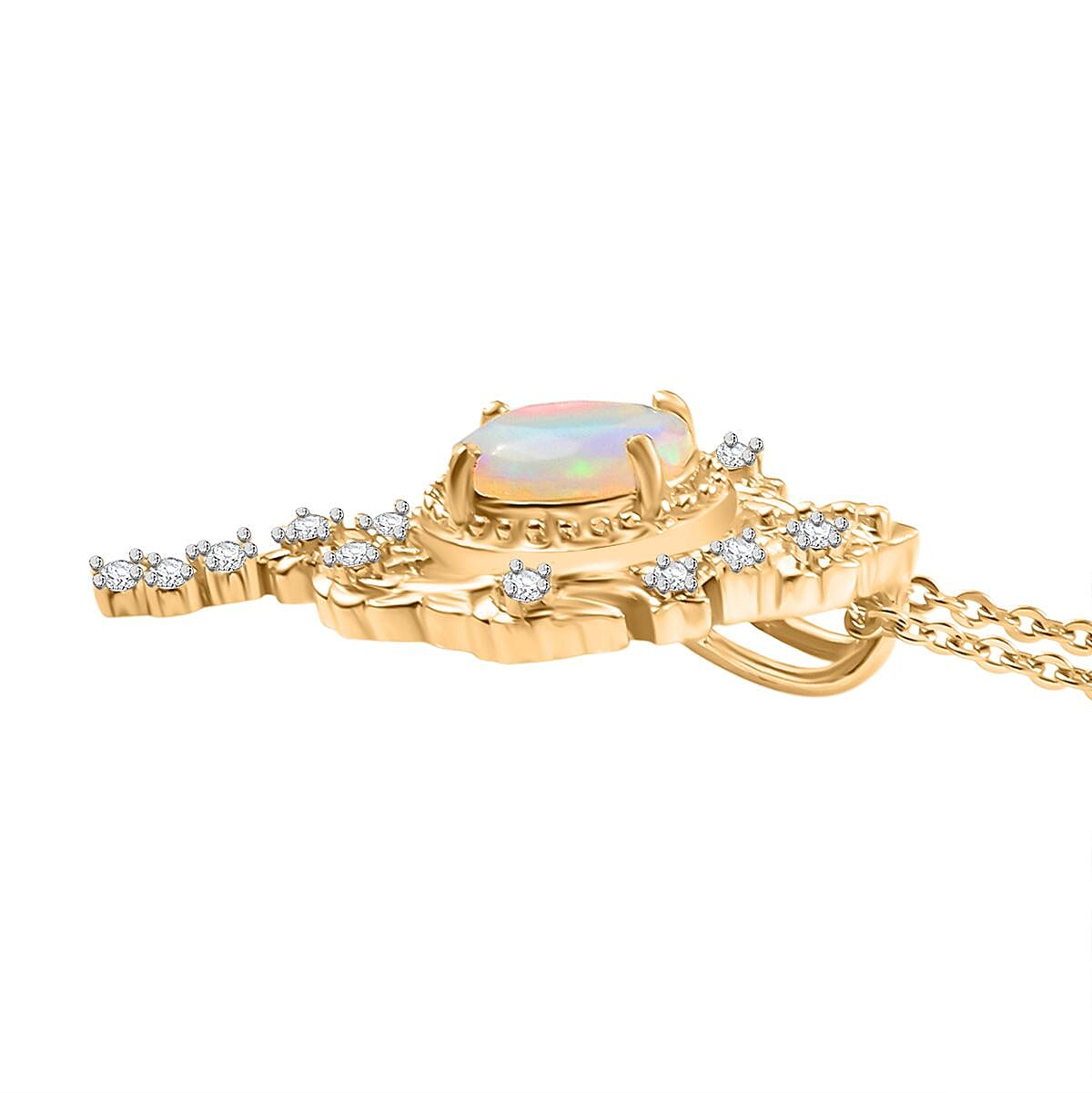 Djoy Ethiopian Opal &amp; White Zircon Garden of Starlight Pendant with Chain (Size 20) in 18K Yellow Gold Plating Sterling Silver, Silver Wt. 6.62 Gms. 4403828 4