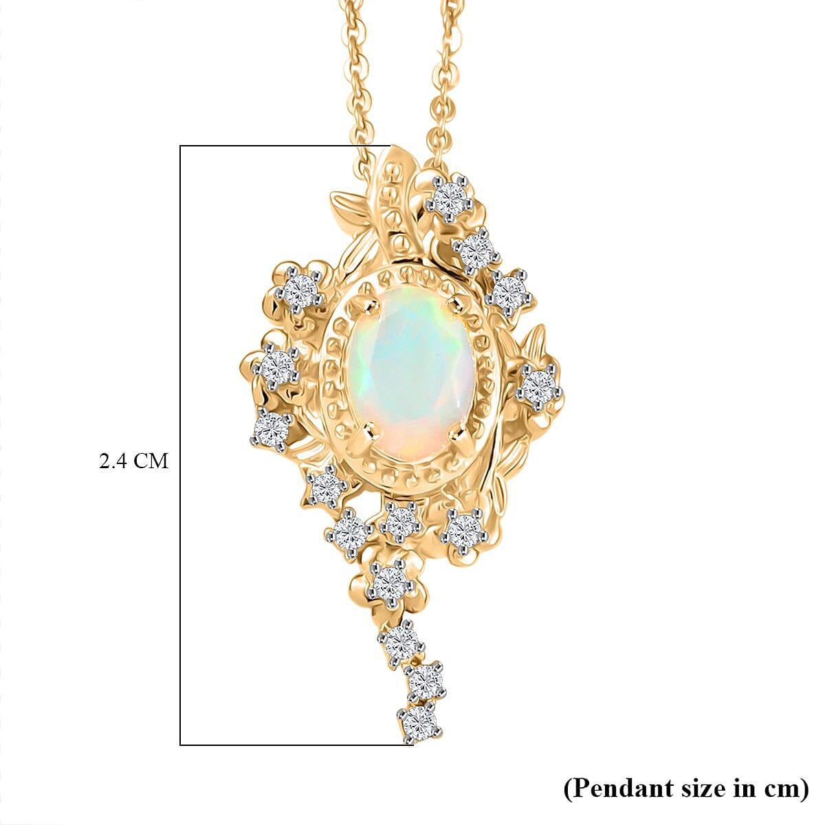 Djoy Ethiopian Opal &amp; White Zircon Garden of Starlight Pendant with Chain (Size 20) in 18K Yellow Gold Plating Sterling Silver, Silver Wt. 6.62 Gms. 4403828 6