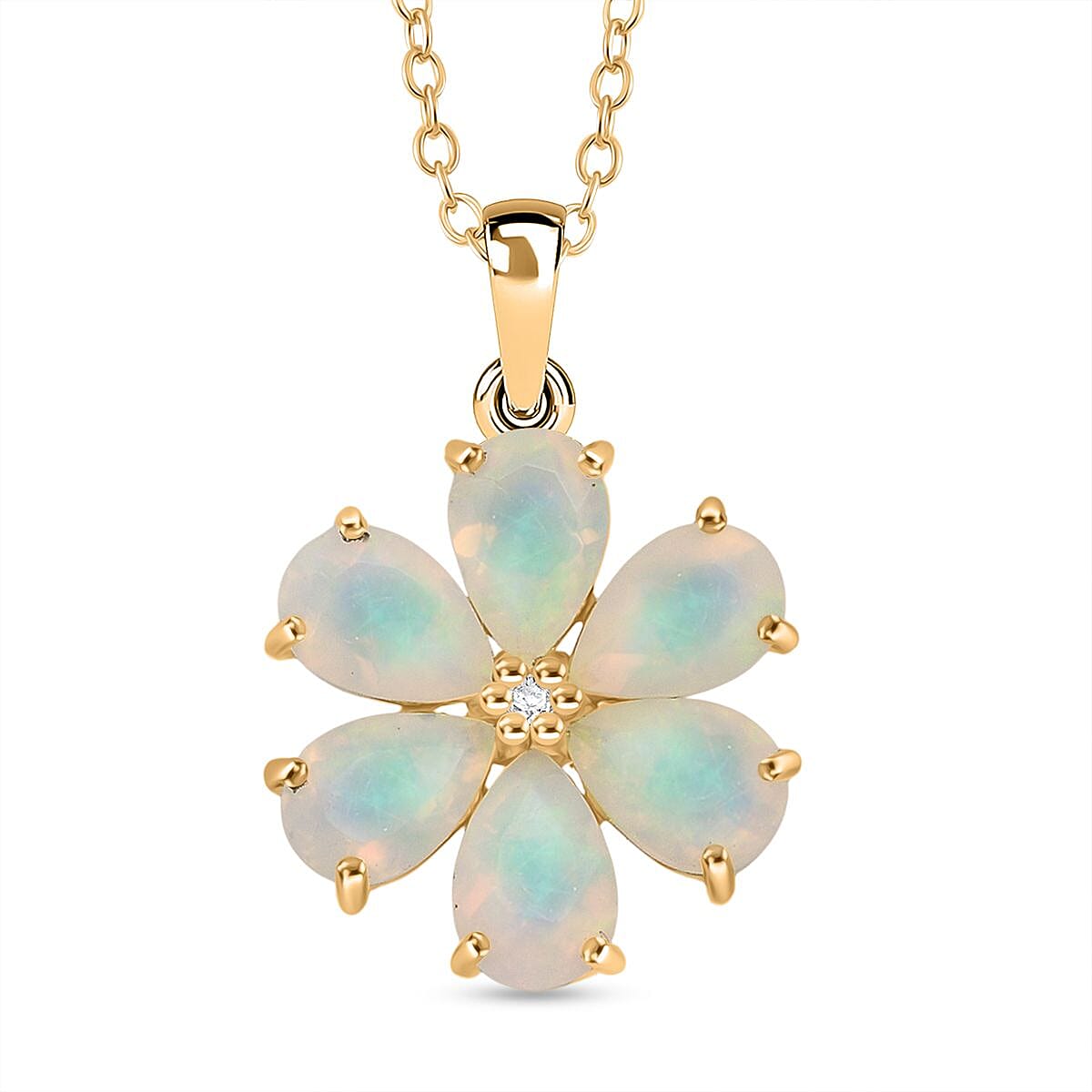 D'Joy Ethiopian Opal &amp; White Zircon Pendant with Chain (Size 20) in 18K Yellow Gold Plating Sterling Silver 1.54 Ct. 4423799 0