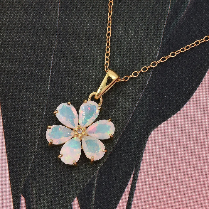 D'Joy Ethiopian Opal &amp; White Zircon Pendant with Chain (Size 20) in 18K Yellow Gold Plating Sterling Silver 1.54 Ct. 4423799 2