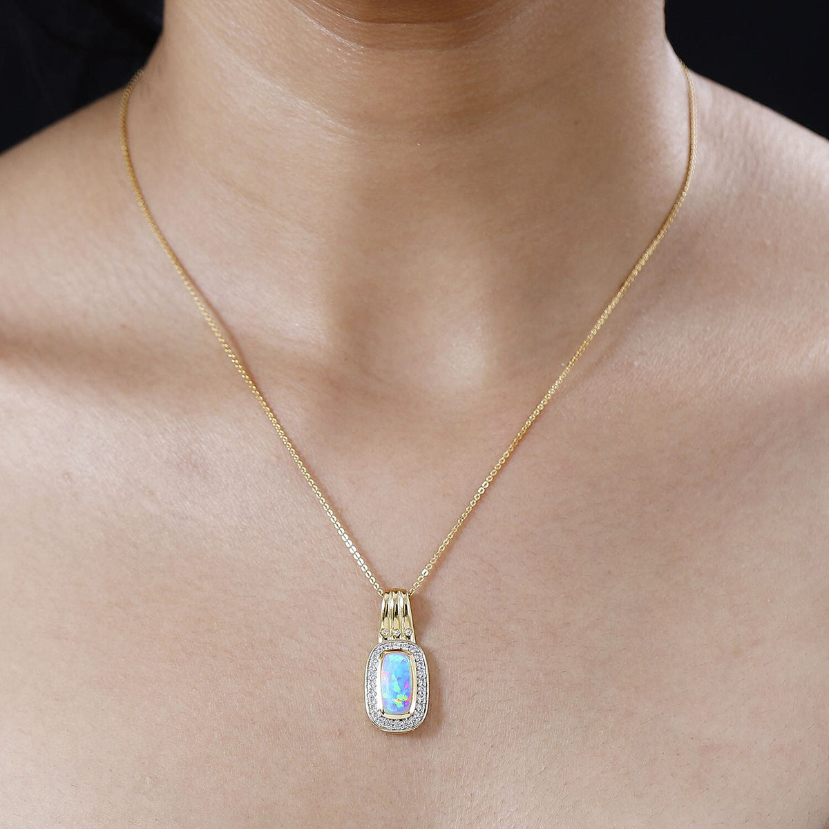 Ethiopian Welo Opal, Natural Zircon Pendant with Chain (Size 20) in 18K Yellow Gold Vermeil Plated Sterling Silver 2.18 Ct. 4277332 2