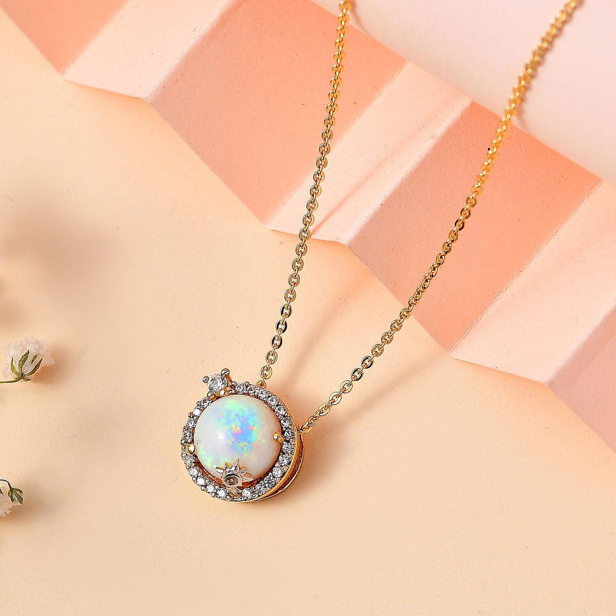 Ethiopian Welo Opal, Natural Zircon Halo Pendant with Chain (Size 20) in 18K Yellow Gold Vermeil Plated Sterling Silver 1.62  Ct. 4280547 2