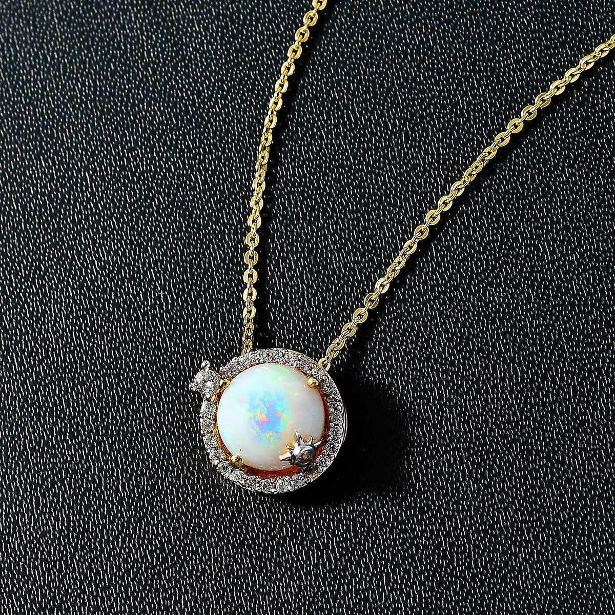 Ethiopian Welo Opal, Natural Zircon Halo Pendant with Chain (Size 20) in 18K Yellow Gold Vermeil Plated Sterling Silver 1.62  Ct. 4280547 3