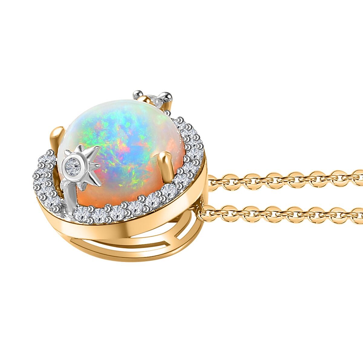 Ethiopian Welo Opal, Natural Zircon Halo Pendant with Chain (Size 20) in 18K Yellow Gold Vermeil Plated Sterling Silver 1.62  Ct. 4280547 5