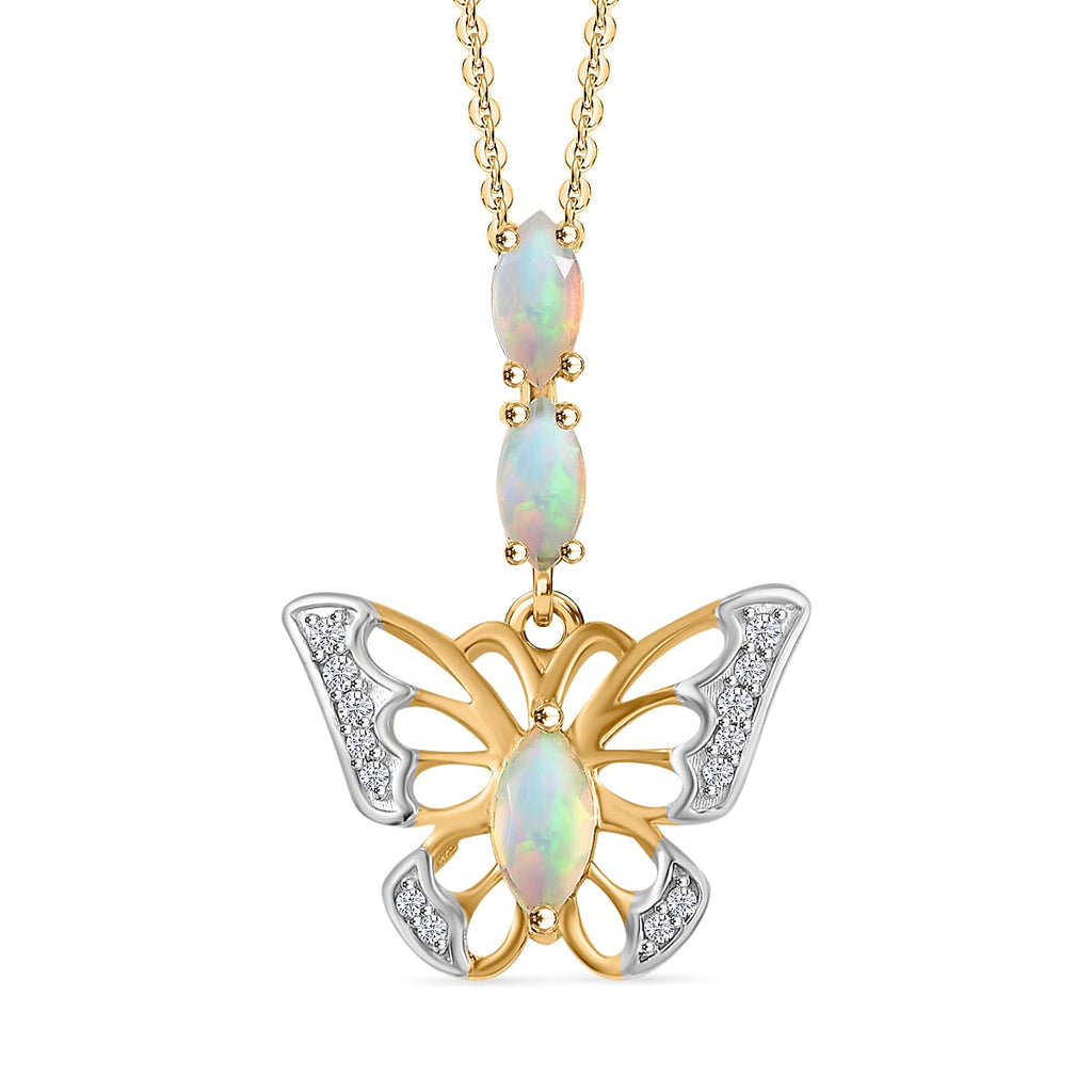 Ethiopian Opal, White Zircon Pendant with Chain (Size 20) in 18K YG Vermeil Sterling Silver