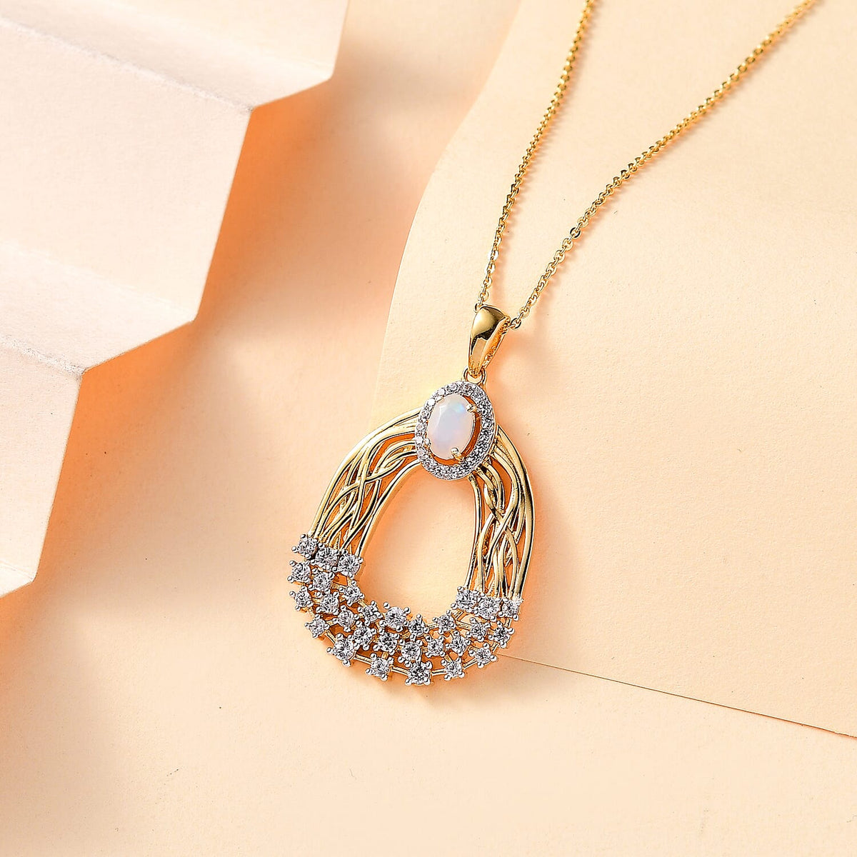 Ethiopian Opal, White Zircon Butterfly Pendant with Chain (Size 20) in 18K Yellow Gold Vermeil Plated Sterling Silver 4316043 2