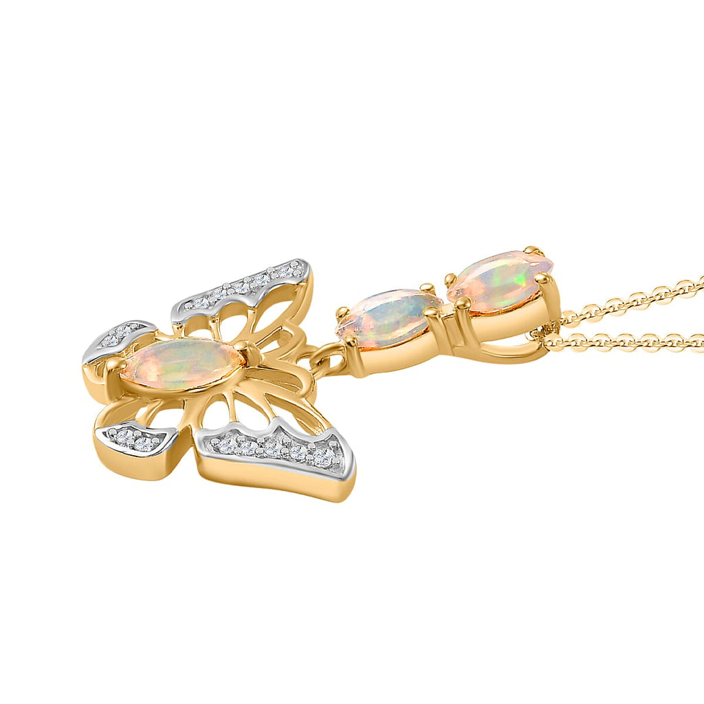 Ethiopian Opal, White Zircon Pendant with Chain (Size 20) in 18K YG Vermeil Sterling Silver