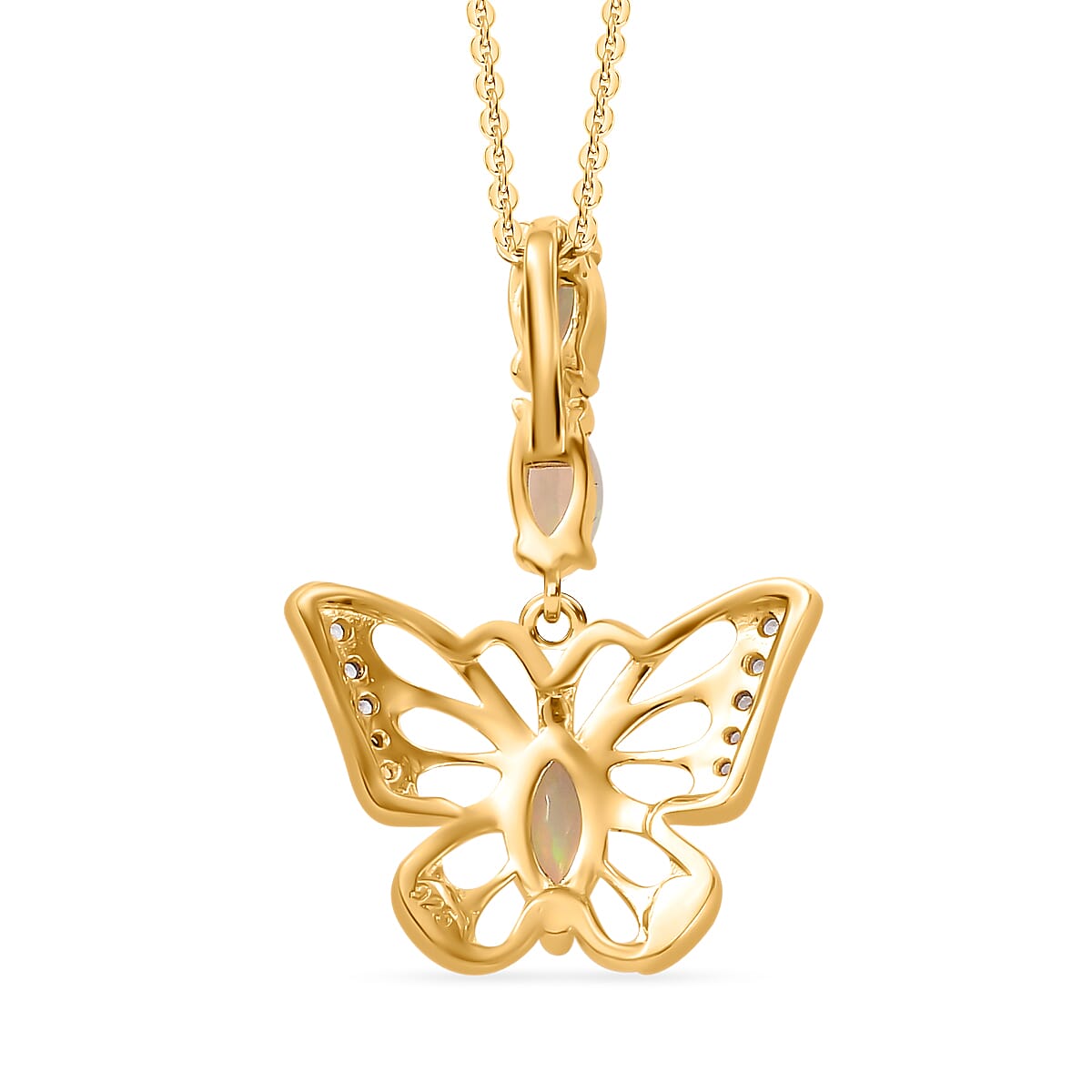 Ethiopian Opal, White Zircon Butterfly Pendant with Chain (Size 20) in 18K Yellow Gold Vermeil Plated Sterling Silver 4316043 4