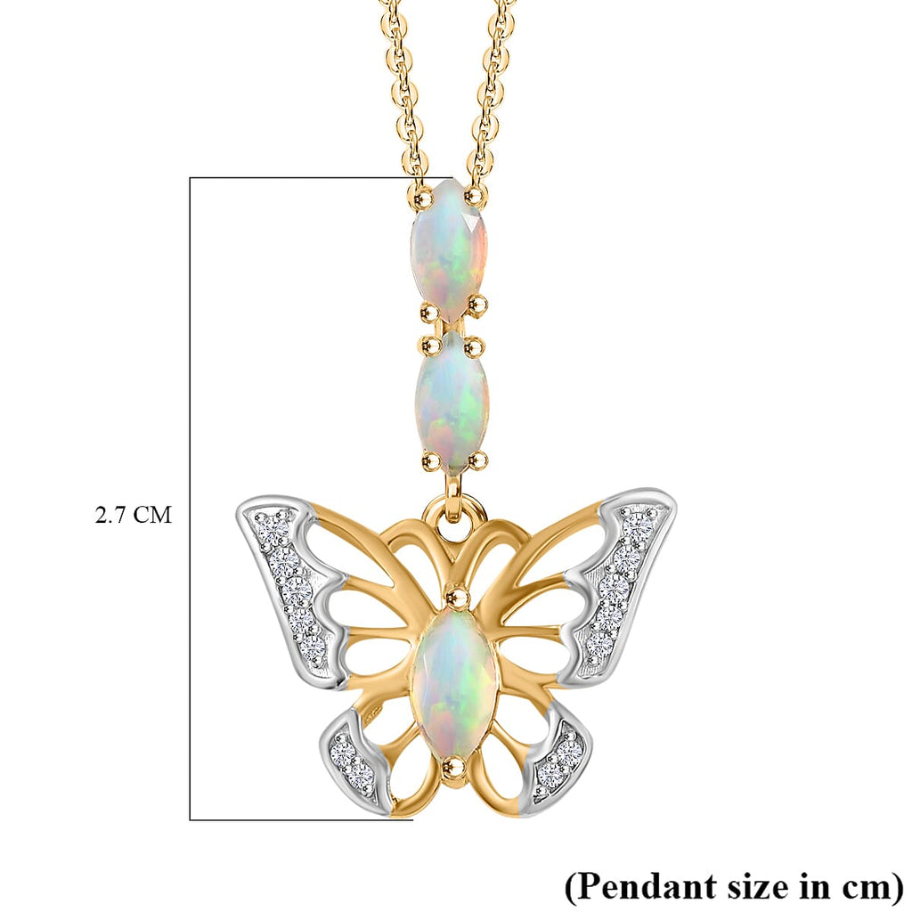 Ethiopian Opal, White Zircon Pendant with Chain (Size 20) in 18K YG Vermeil Sterling Silver